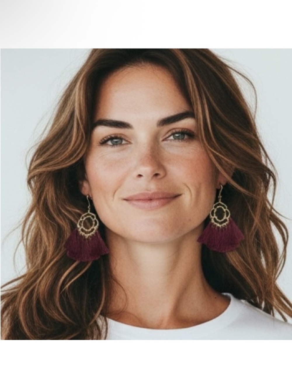 Clover Gold Filigree Tassel Earrings in Burgundy